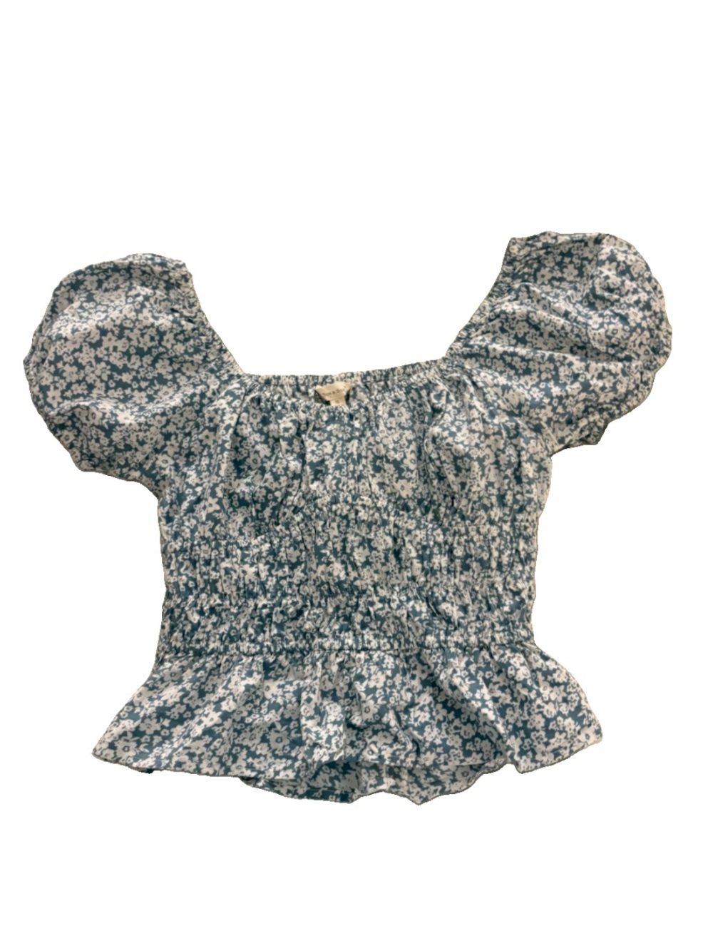 Sim & Sam Floral Puff Sleeve Smocked Peplum Babydoll Top - White & Blue